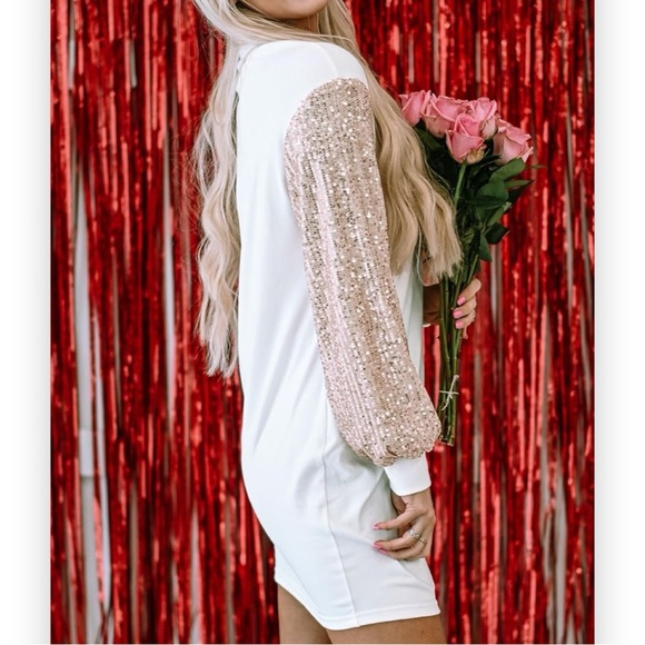 NWT White and Gold Sequin Puff Sleeve Shift Mini Dress XL - Picture 3 of 10